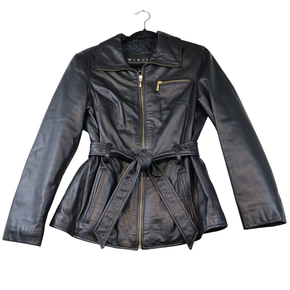 Winlit Womens S Leather Jacket Black Belted Zip Up Quilted Lined Peplum Vtg